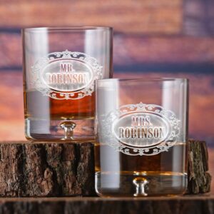 Flyingorbit Personalized Mr. & Mrs. Engraved Whiskey Glass Set